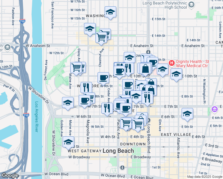 map of restaurants, bars, coffee shops, grocery stores, and more near 840 Cedar Avenue in Long Beach