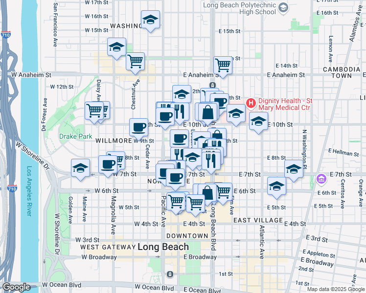 map of restaurants, bars, coffee shops, grocery stores, and more near 801 Pine Avenue in Long Beach