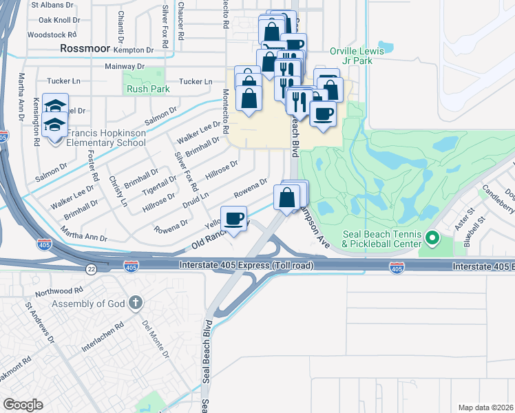map of restaurants, bars, coffee shops, grocery stores, and more near 3009 Old Ranch Parkway in Seal Beach