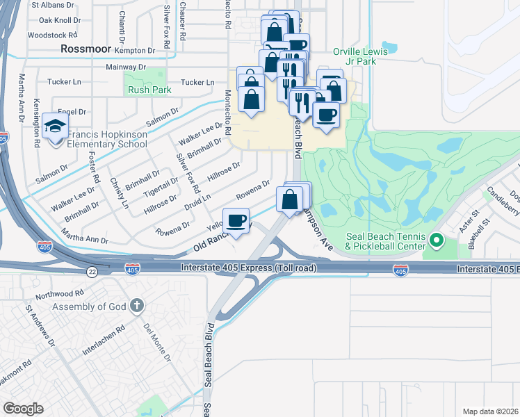 map of restaurants, bars, coffee shops, grocery stores, and more near 3292 Yellowtail Drive in Los Alamitos