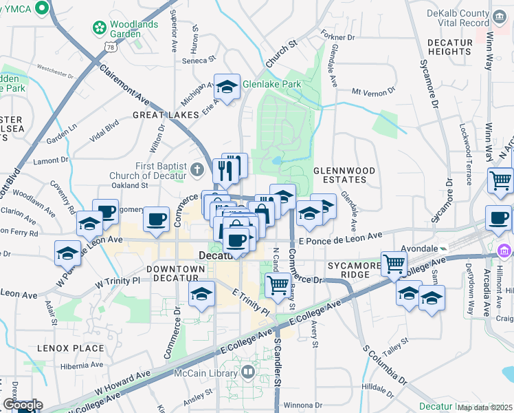 map of restaurants, bars, coffee shops, grocery stores, and more near 547 Church Street in Decatur