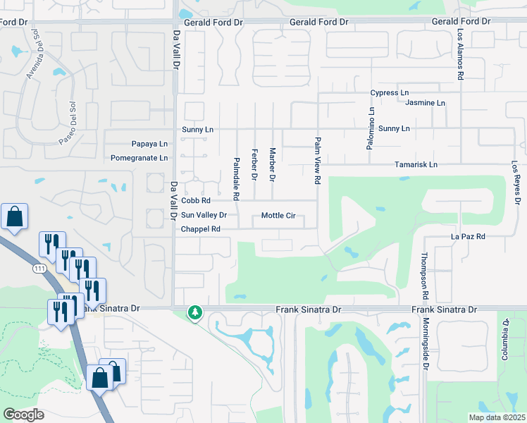 map of restaurants, bars, coffee shops, grocery stores, and more near 70320 Mottle Circle in Rancho Mirage
