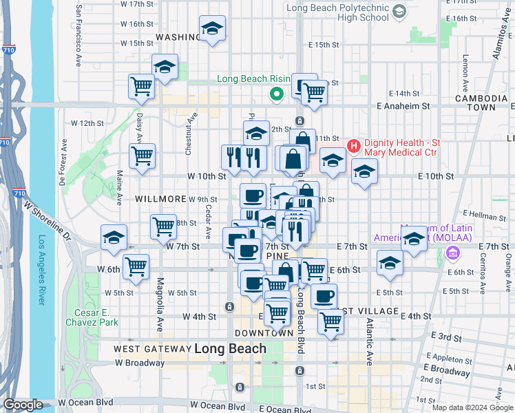 map of restaurants, bars, coffee shops, grocery stores, and more near 838 Pine Avenue in Long Beach
