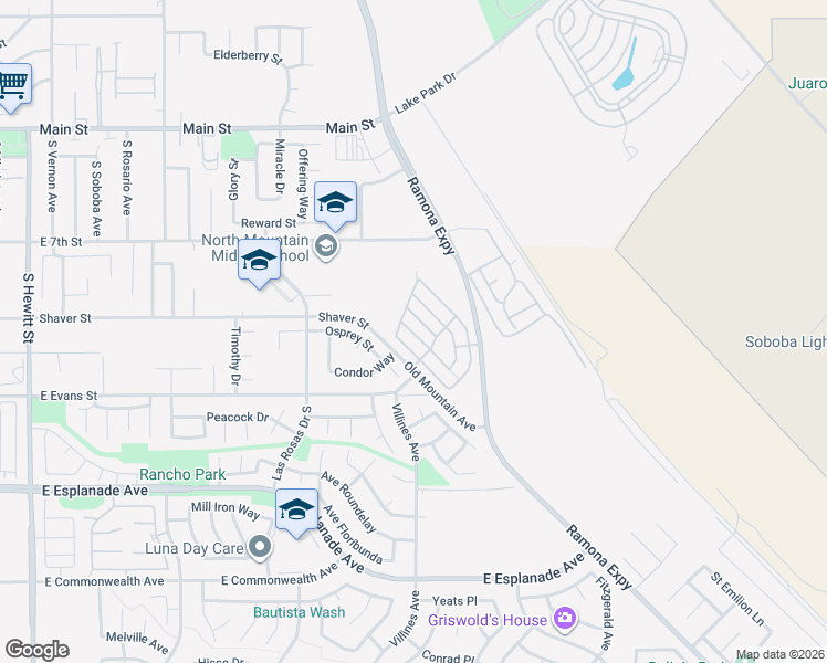 map of restaurants, bars, coffee shops, grocery stores, and more near 1499 Old Mountain Avenue in San Jacinto
