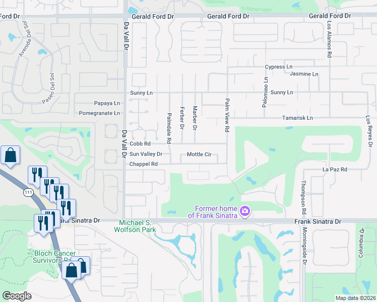 map of restaurants, bars, coffee shops, grocery stores, and more near 70305 Mottle Circle in Rancho Mirage