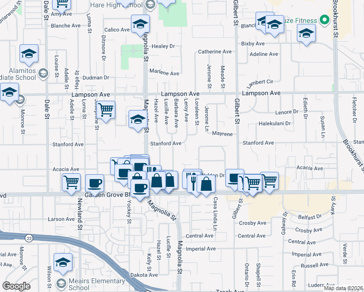 map of restaurants, bars, coffee shops, grocery stores, and more near 9152 Stanford Avenue in Garden Grove