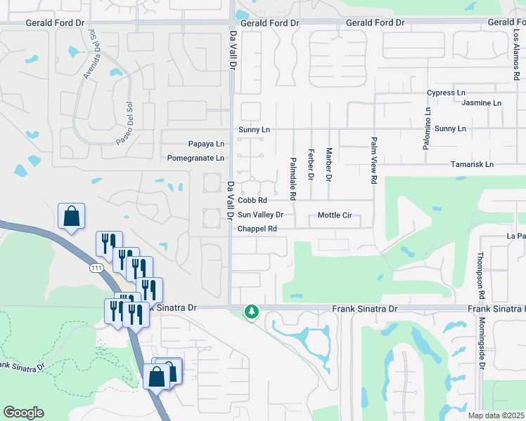 map of restaurants, bars, coffee shops, grocery stores, and more near 70121 Sun Valley Drive in Rancho Mirage
