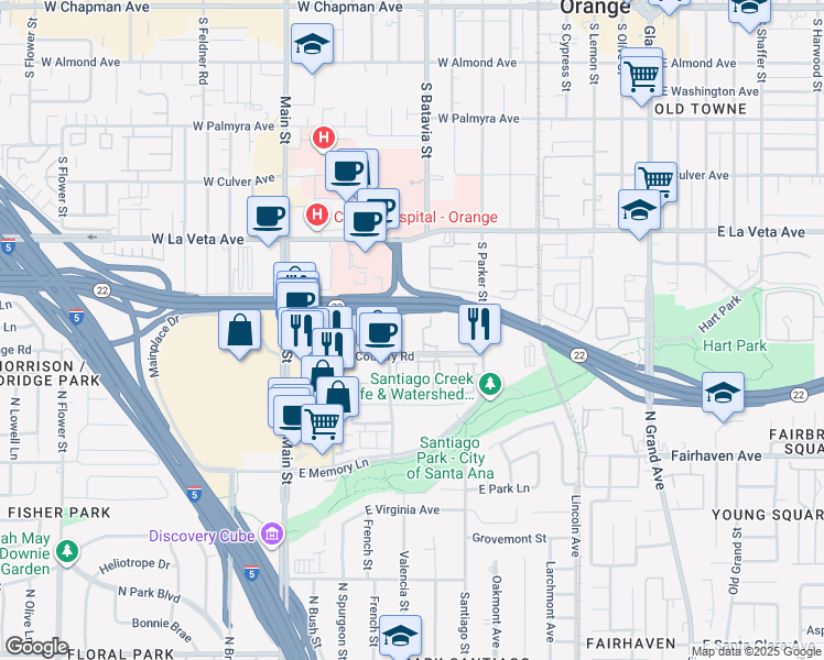 map of restaurants, bars, coffee shops, grocery stores, and more near 1055 Town and Country Road in Orange
