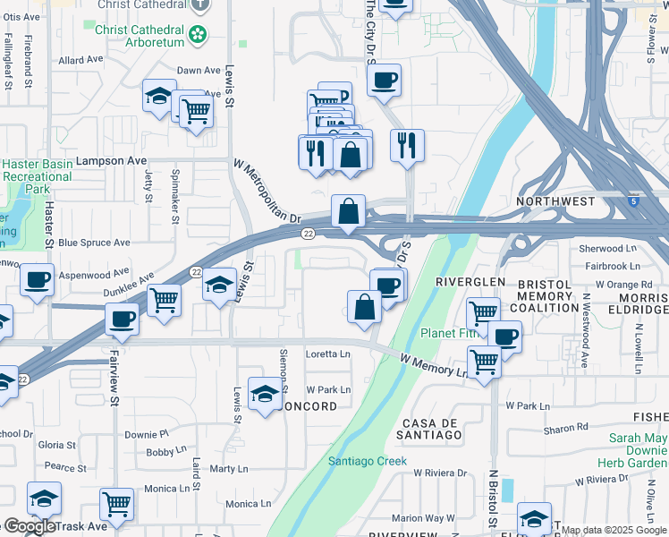 map of restaurants, bars, coffee shops, grocery stores, and more near 3624 West Park Central Avenue in Orange