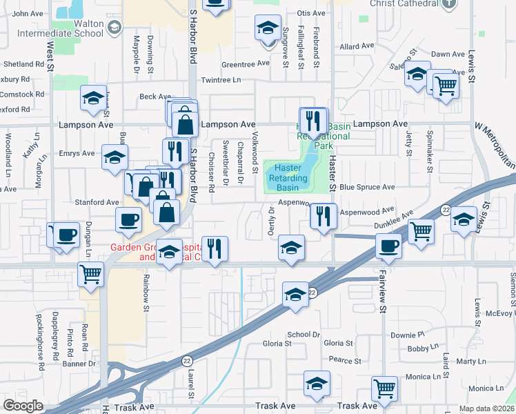 map of restaurants, bars, coffee shops, grocery stores, and more near 12841 Forest Drive in Garden Grove