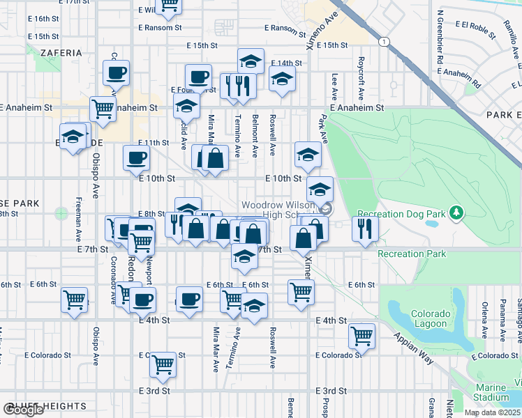 map of restaurants, bars, coffee shops, grocery stores, and more near 4108 East 8th Street in Long Beach