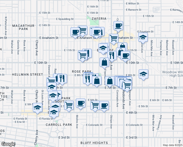 map of restaurants, bars, coffee shops, grocery stores, and more near 795 Gladys Avenue in Long Beach