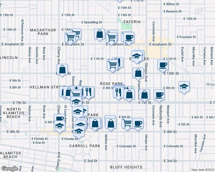 map of restaurants, bars, coffee shops, grocery stores, and more near 790 Molino Avenue in Long Beach