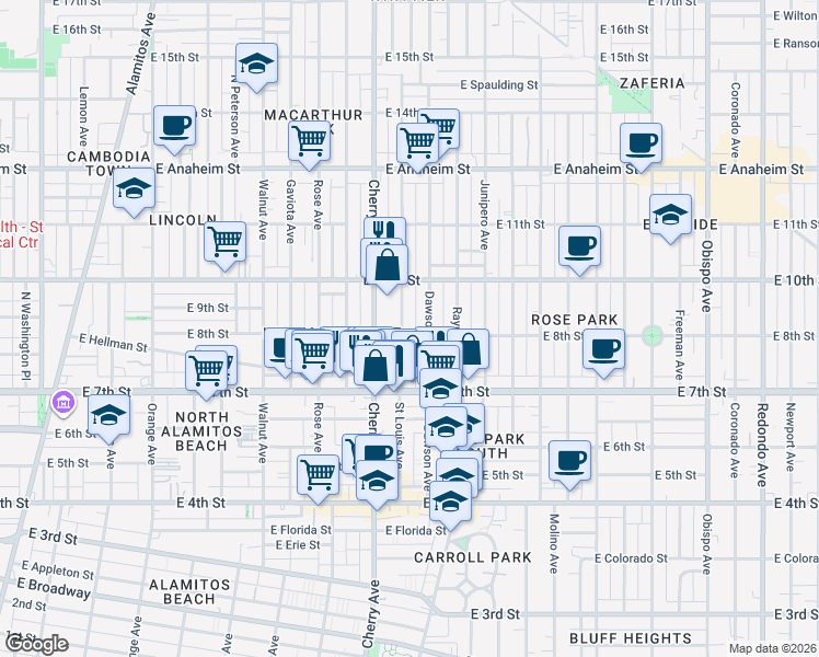 map of restaurants, bars, coffee shops, grocery stores, and more near 2082 East 8th Street in Long Beach