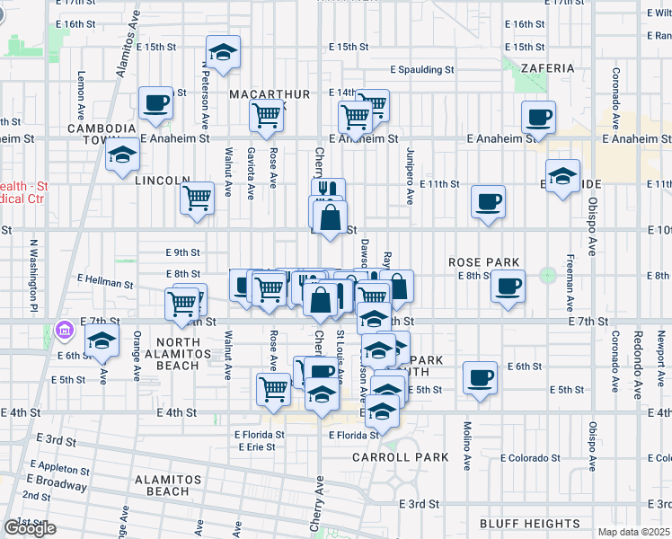 map of restaurants, bars, coffee shops, grocery stores, and more near 2082 East 8th Street in Long Beach