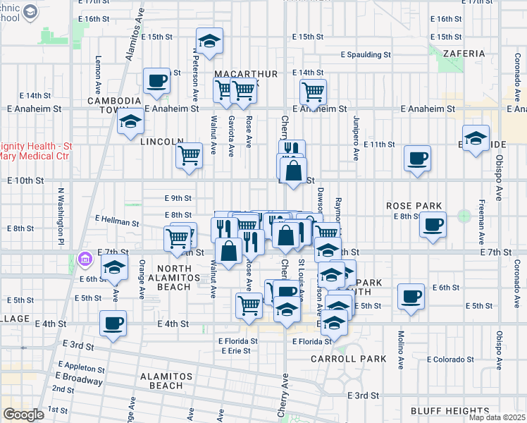map of restaurants, bars, coffee shops, grocery stores, and more near 790 Gardenia Avenue in Long Beach