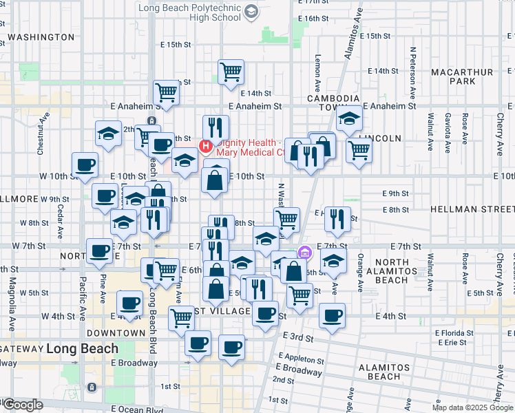 map of restaurants, bars, coffee shops, grocery stores, and more near 820 Lime Avenue in Long Beach