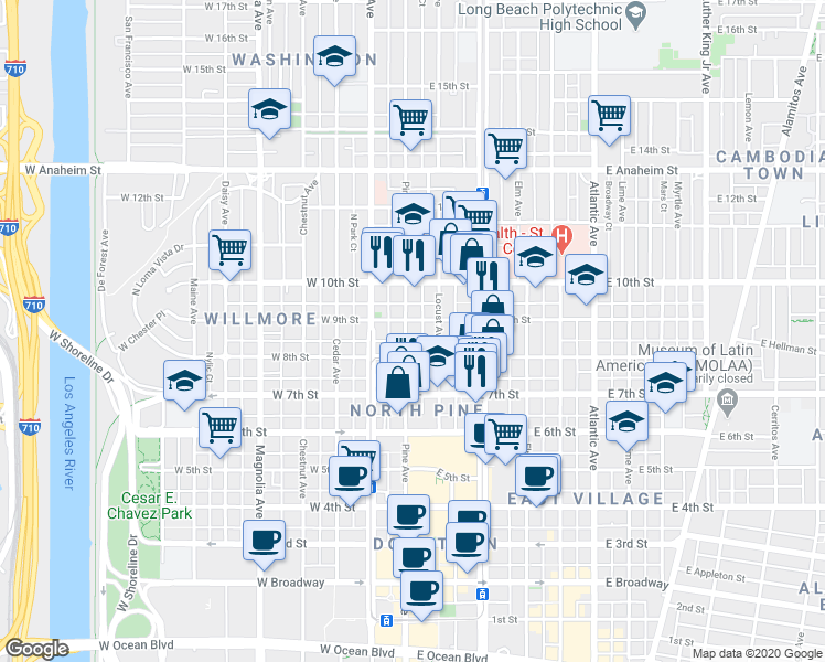 map of restaurants, bars, coffee shops, grocery stores, and more near in Long Beach