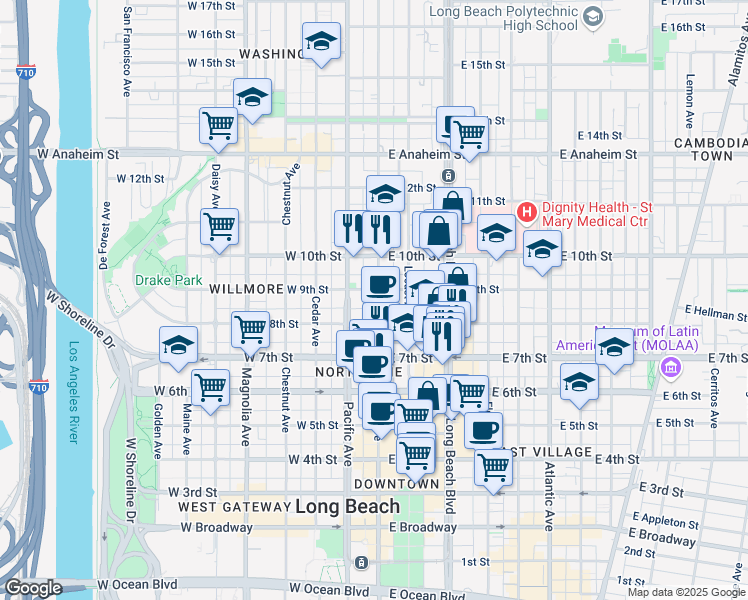 map of restaurants, bars, coffee shops, grocery stores, and more near 801 Pine Avenue in Long Beach