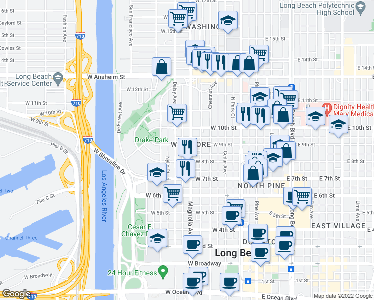 map of restaurants, bars, coffee shops, grocery stores, and more near 817 East Cypress Way in Long Beach