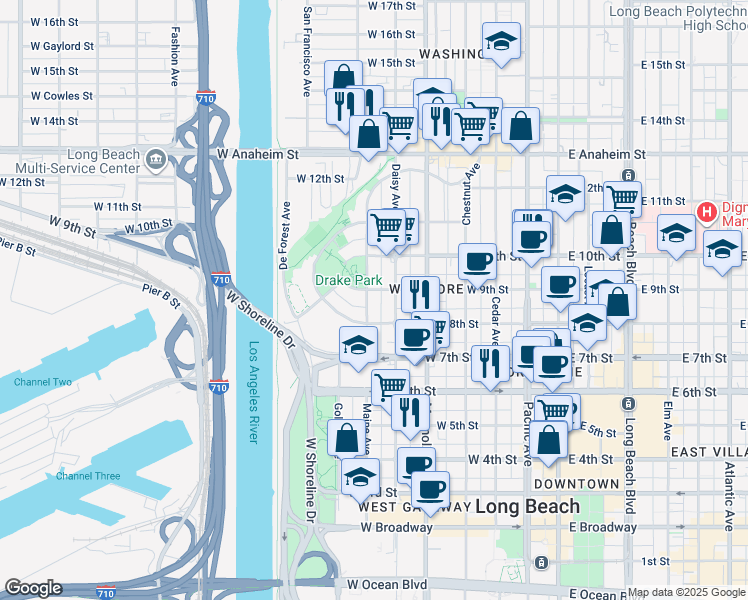 map of restaurants, bars, coffee shops, grocery stores, and more near 824 Nylic Court in Long Beach