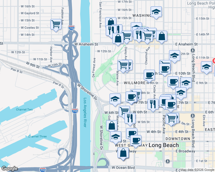 map of restaurants, bars, coffee shops, grocery stores, and more near 743 North Loma Vista Drive in Long Beach