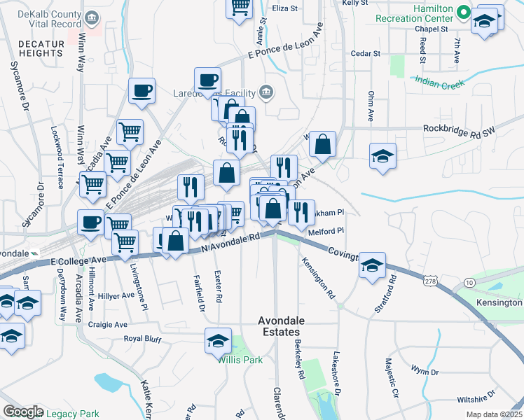 map of restaurants, bars, coffee shops, grocery stores, and more near 119 Center Street in Avondale Estates
