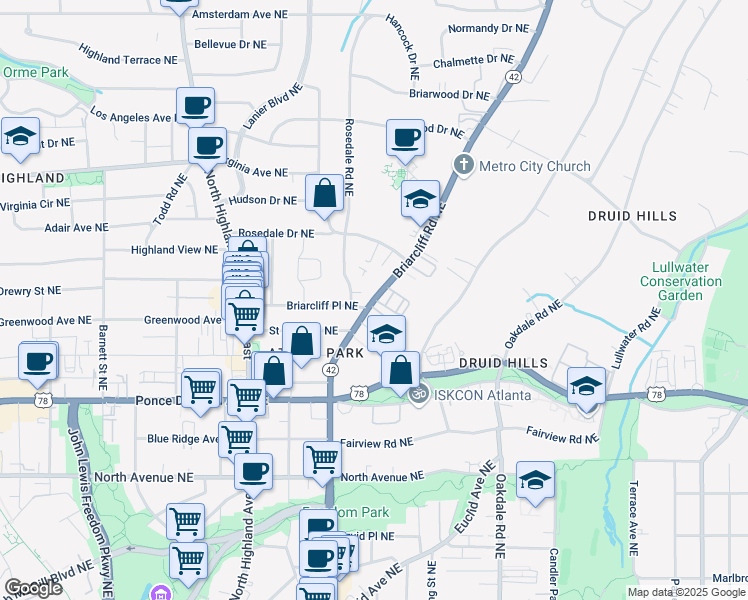 map of restaurants, bars, coffee shops, grocery stores, and more near 1231 Lullwater Park Circle in Atlanta