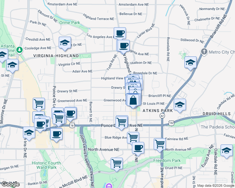 map of restaurants, bars, coffee shops, grocery stores, and more near 974 Greenwood Avenue Northeast in Atlanta