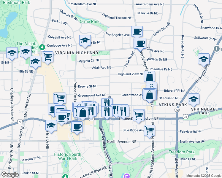 map of restaurants, bars, coffee shops, grocery stores, and more near 833 Barnett Street Northeast in Atlanta