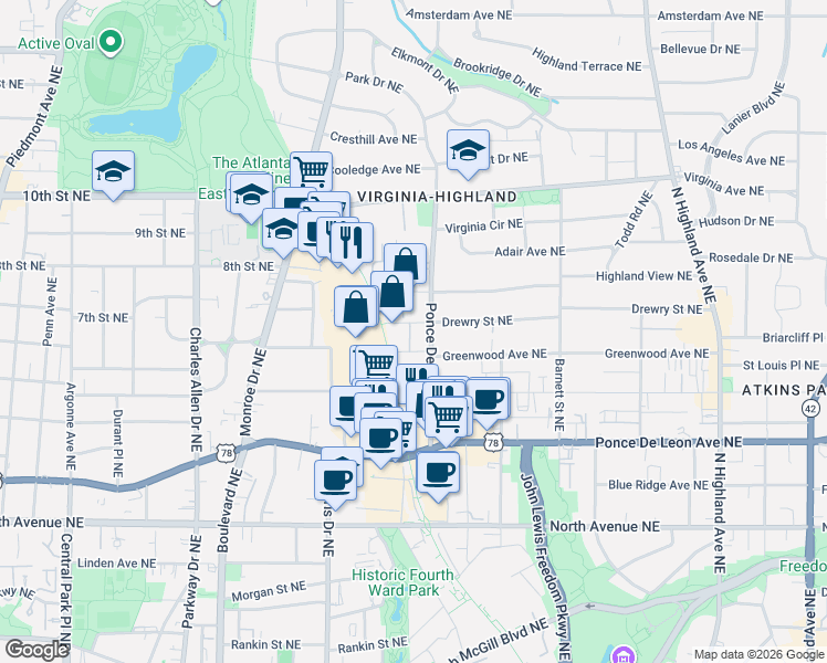 map of restaurants, bars, coffee shops, grocery stores, and more near 805 Highland Green Way Northeast in Atlanta