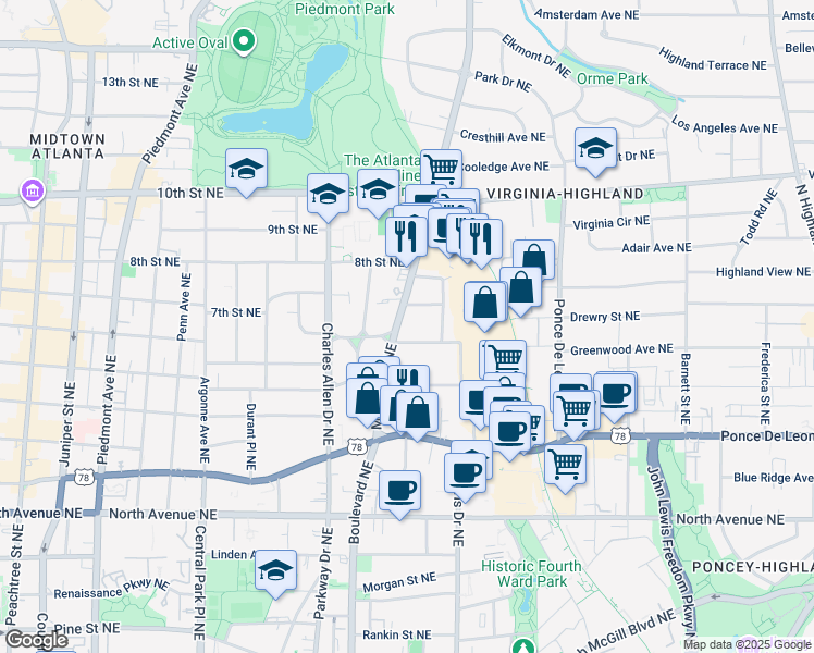 map of restaurants, bars, coffee shops, grocery stores, and more near 550 Greenwood Avenue Northeast in Atlanta