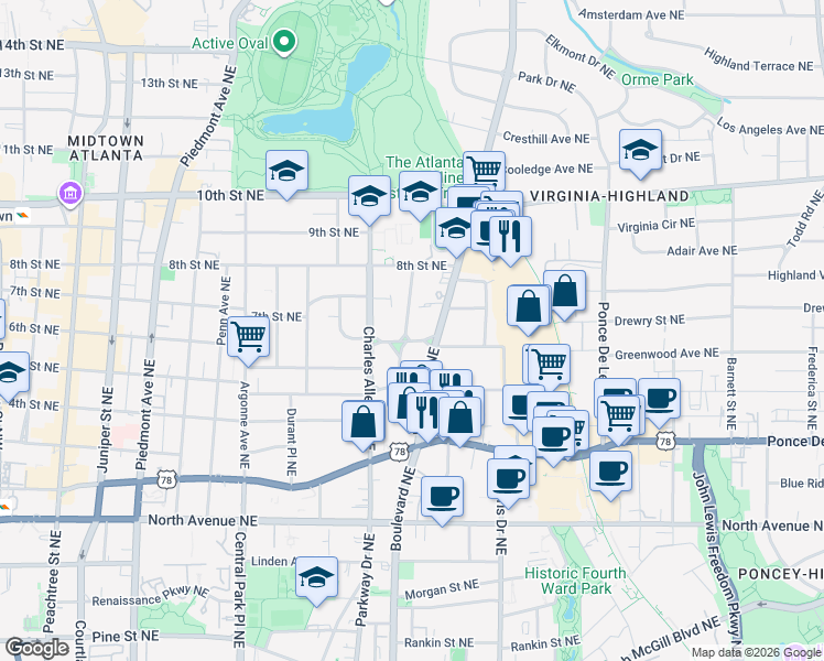 map of restaurants, bars, coffee shops, grocery stores, and more near in Atlanta