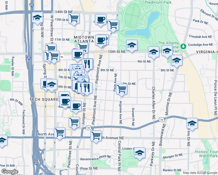 map of restaurants, bars, coffee shops, grocery stores, and more near 815 Myrtle Street Northeast in Atlanta