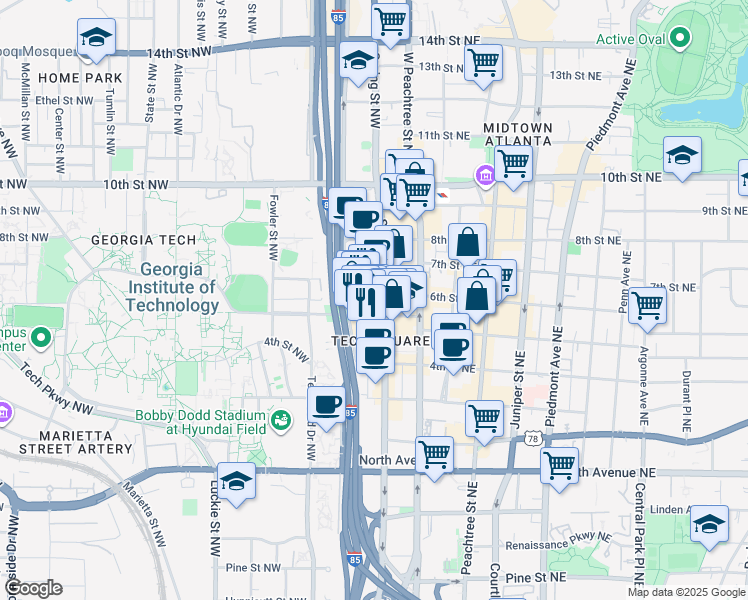 map of restaurants, bars, coffee shops, grocery stores, and more near 85 5th Street Northwest in Atlanta