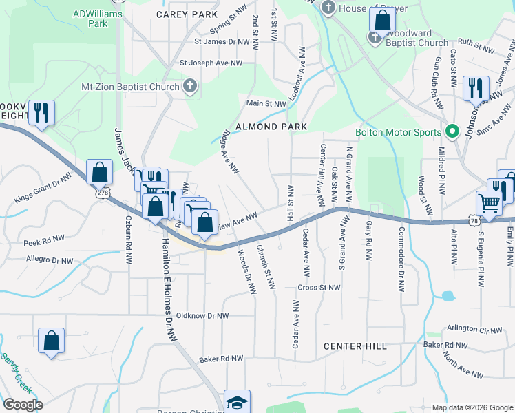 map of restaurants, bars, coffee shops, grocery stores, and more near 2468 Bellview Avenue Northwest in Atlanta