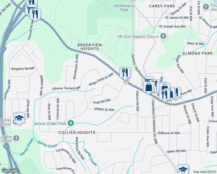 map of restaurants, bars, coffee shops, grocery stores, and more near 905 Magna Carta Drive Northwest in Atlanta