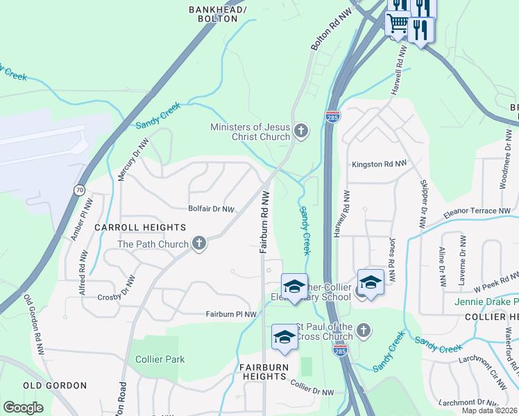 map of restaurants, bars, coffee shops, grocery stores, and more near 801 Bolton Road Northwest in Atlanta
