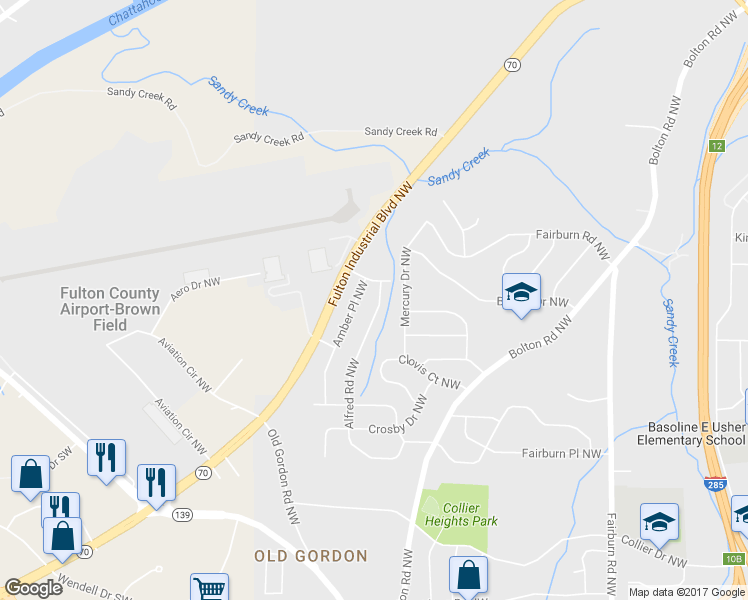map of restaurants, bars, coffee shops, grocery stores, and more near 843 Alfred Road Northwest in Atlanta
