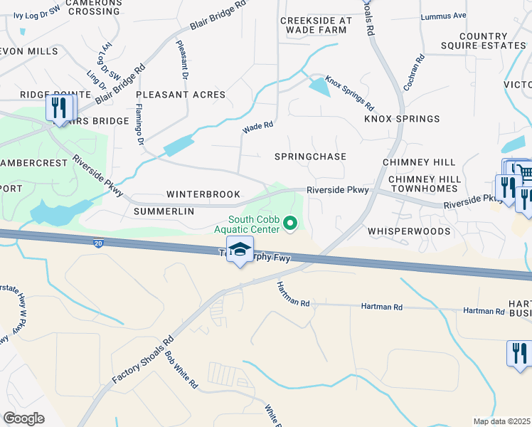 map of restaurants, bars, coffee shops, grocery stores, and more near 908 Pine Oak Trail in Austell