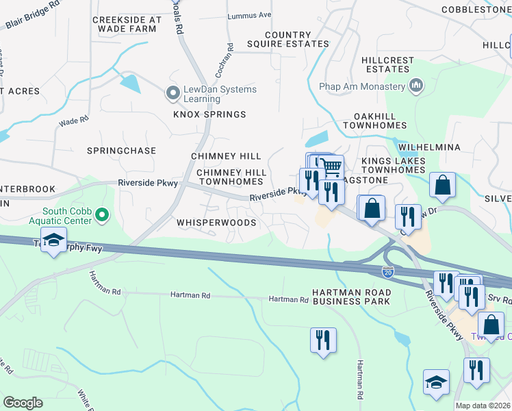 map of restaurants, bars, coffee shops, grocery stores, and more near 575 Riverside Parkway in Austell