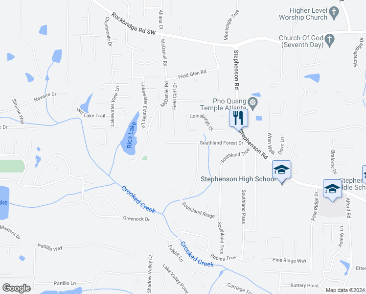 map of restaurants, bars, coffee shops, grocery stores, and more near 6251 Southland Forest Drive in Stone Mountain