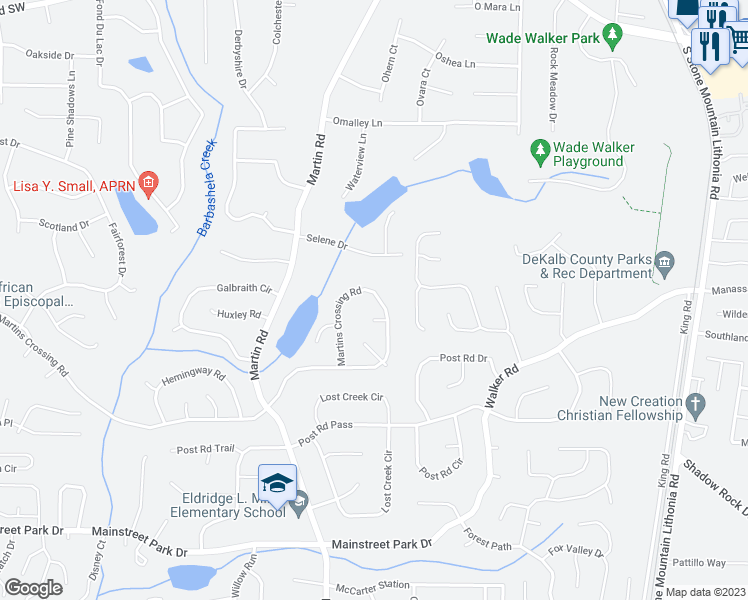 map of restaurants, bars, coffee shops, grocery stores, and more near 5380 Martins Crossing Road in Stone Mountain