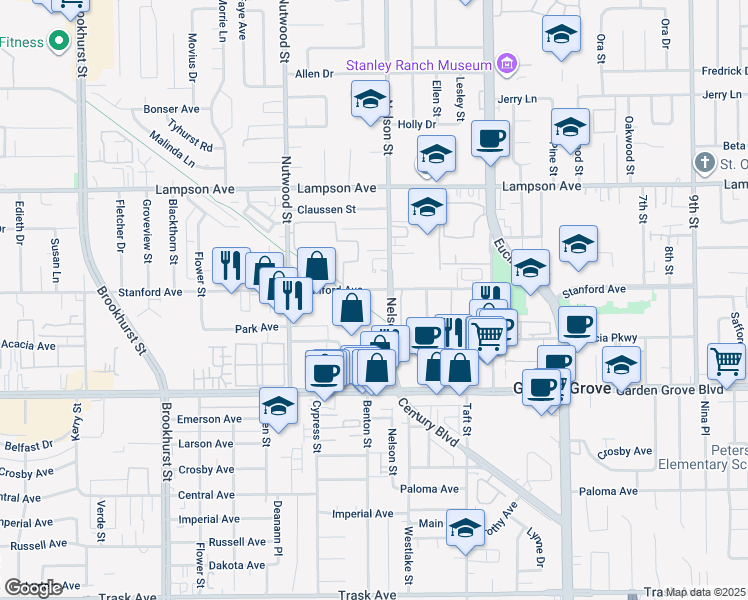 map of restaurants, bars, coffee shops, grocery stores, and more near 10692 Stanford Avenue in Garden Grove