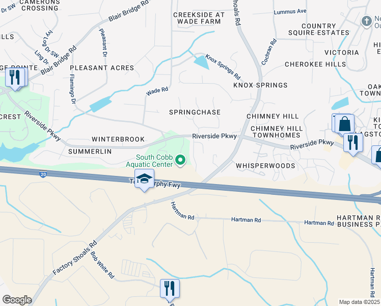 map of restaurants, bars, coffee shops, grocery stores, and more near 7228 Crestside Drive in Austell