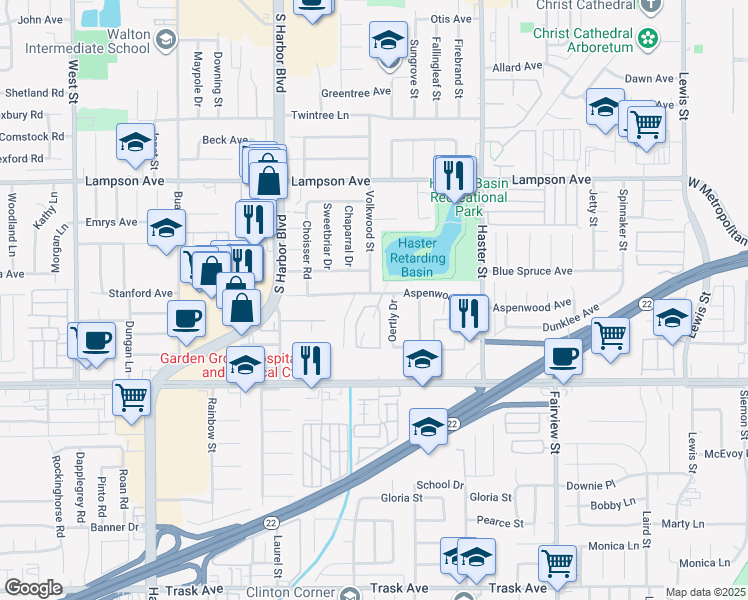 map of restaurants, bars, coffee shops, grocery stores, and more near 12841 Forest Drive in Garden Grove