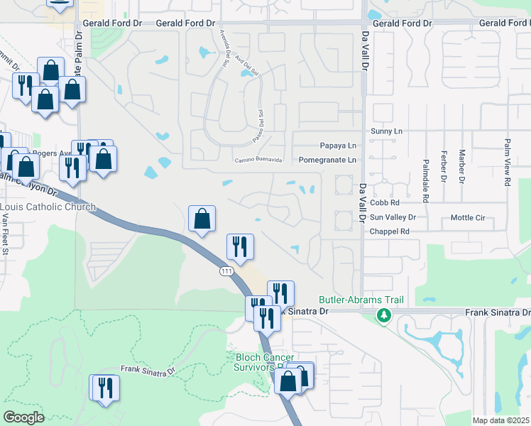 map of restaurants, bars, coffee shops, grocery stores, and more near 443 Paseo Perdido in Cathedral City