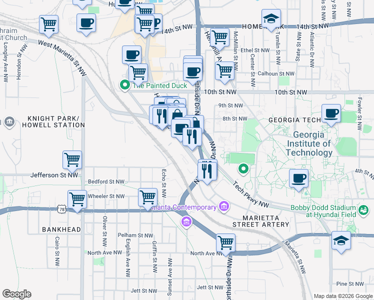 map of restaurants, bars, coffee shops, grocery stores, and more near 925 Marietta Street NorthWest in Atlanta