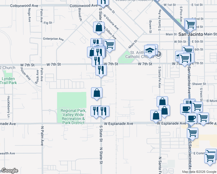 map of restaurants, bars, coffee shops, grocery stores, and more near 1035 South State Street in San Jacinto