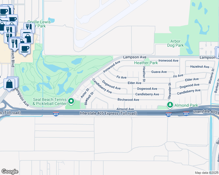 map of restaurants, bars, coffee shops, grocery stores, and more near 4260 Dogwood Avenue in Seal Beach